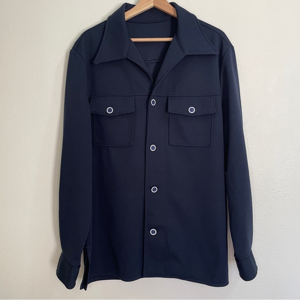 Vintage 70s Union Made Dagger Collar Bullseye Buttons Shacket - Navy Blue